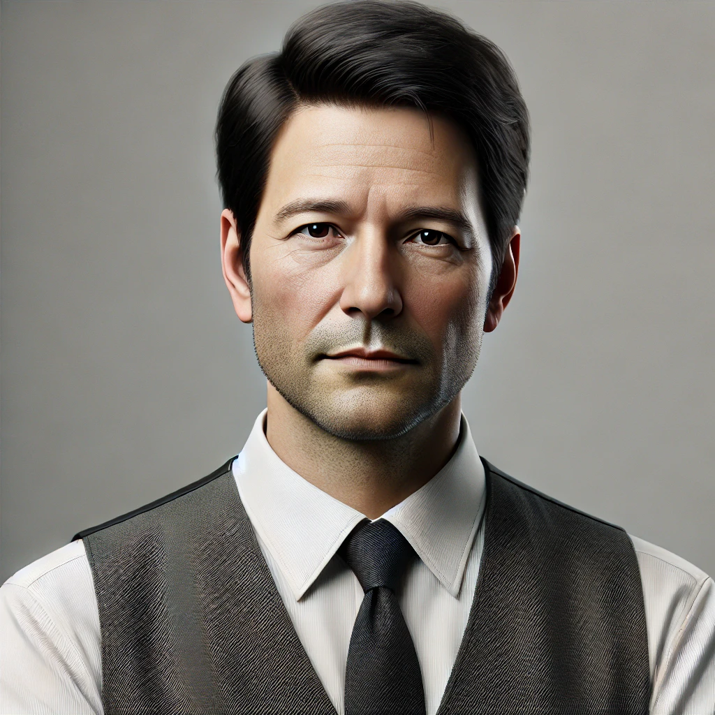 DALL·E 2024 11 06 16.16.25 A realistic image of a 40 year old man with short black hair wearing a formal vest. He has a serious and dignified appearance with a composed